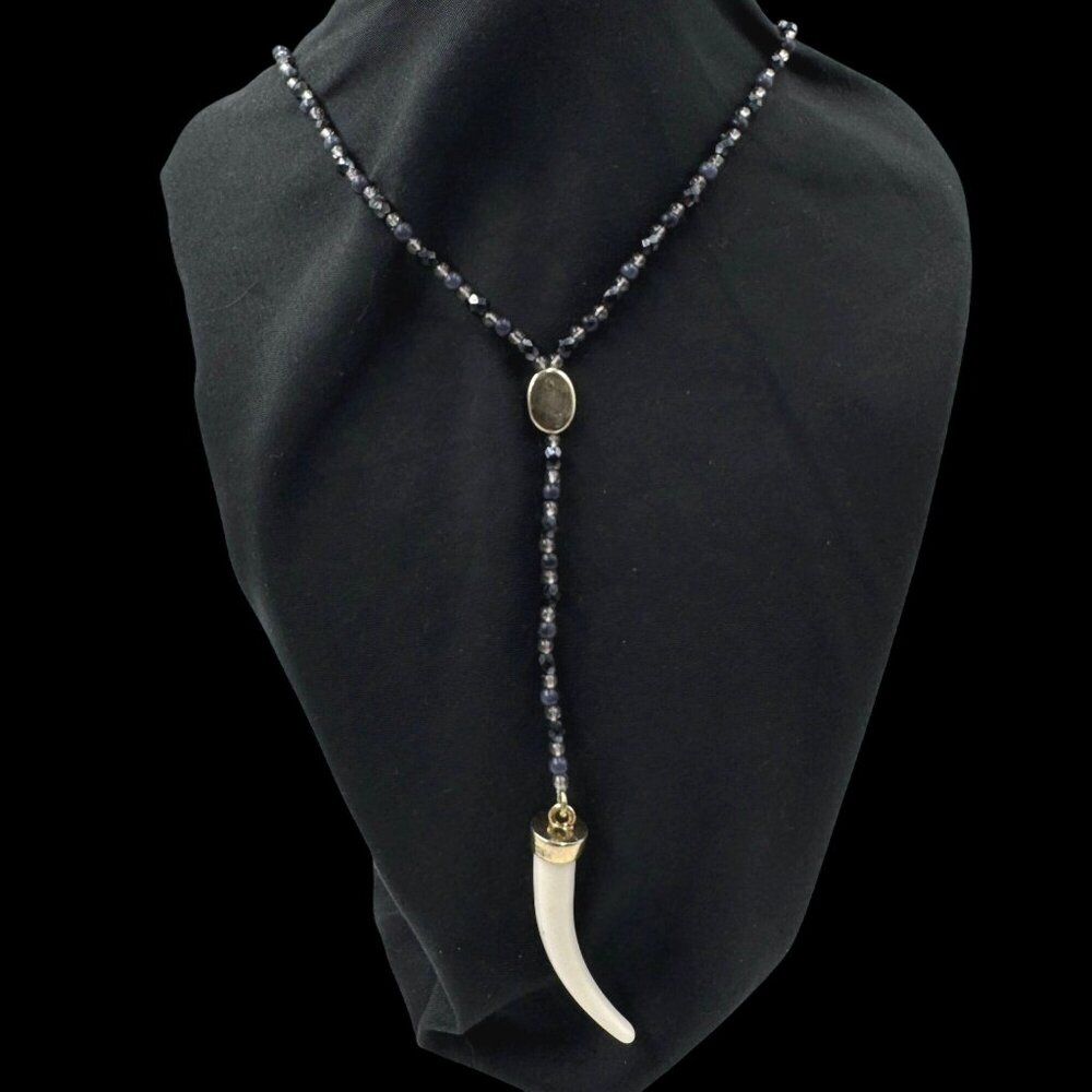 Black & Silver Beaded Necklace White Faux Horn Tooth Pendant By AEU